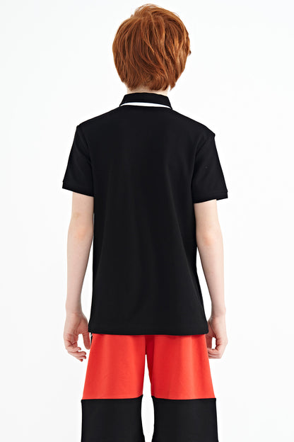 Black Printed Pocket Detailed Standard Fit Polo Collar Boys' T-Shirt - 11144