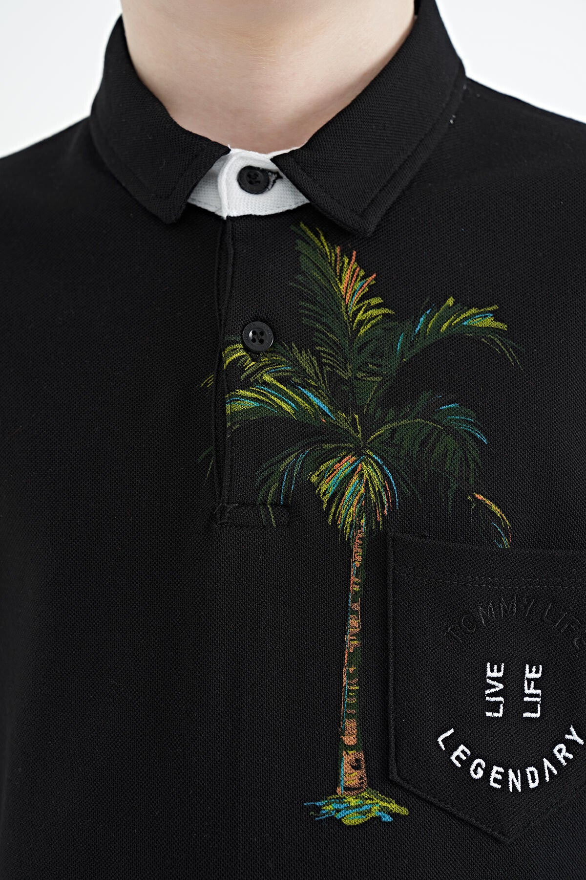 Black Printed Pocket Detailed Standard Fit Polo Collar Boys' T-Shirt - 11144