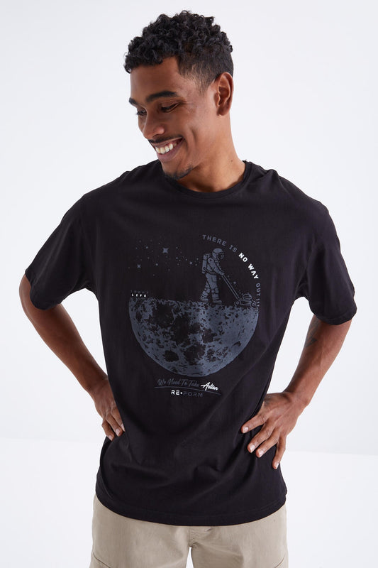 Black Printed O Collar Men's Oversize T-Shirt - 88098
