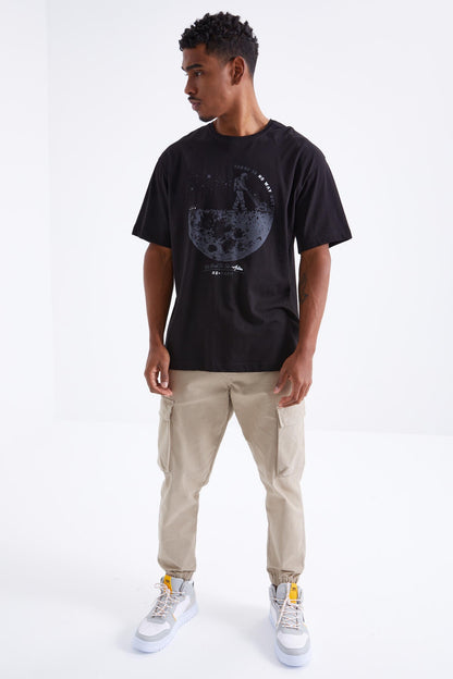 Black Printed O Collar Men's Oversize T-Shirt - 88098