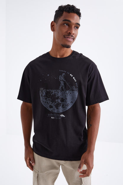 Black Printed O Collar Men's Oversize T-Shirt - 88098