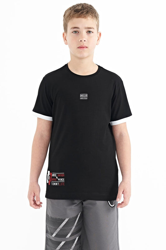 Black Printed Standard Fit O Collar Boys T-Shirt - 11097