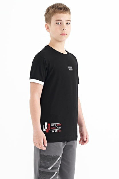 Black Printed Standard Fit O Collar Boys T-Shirt - 11097