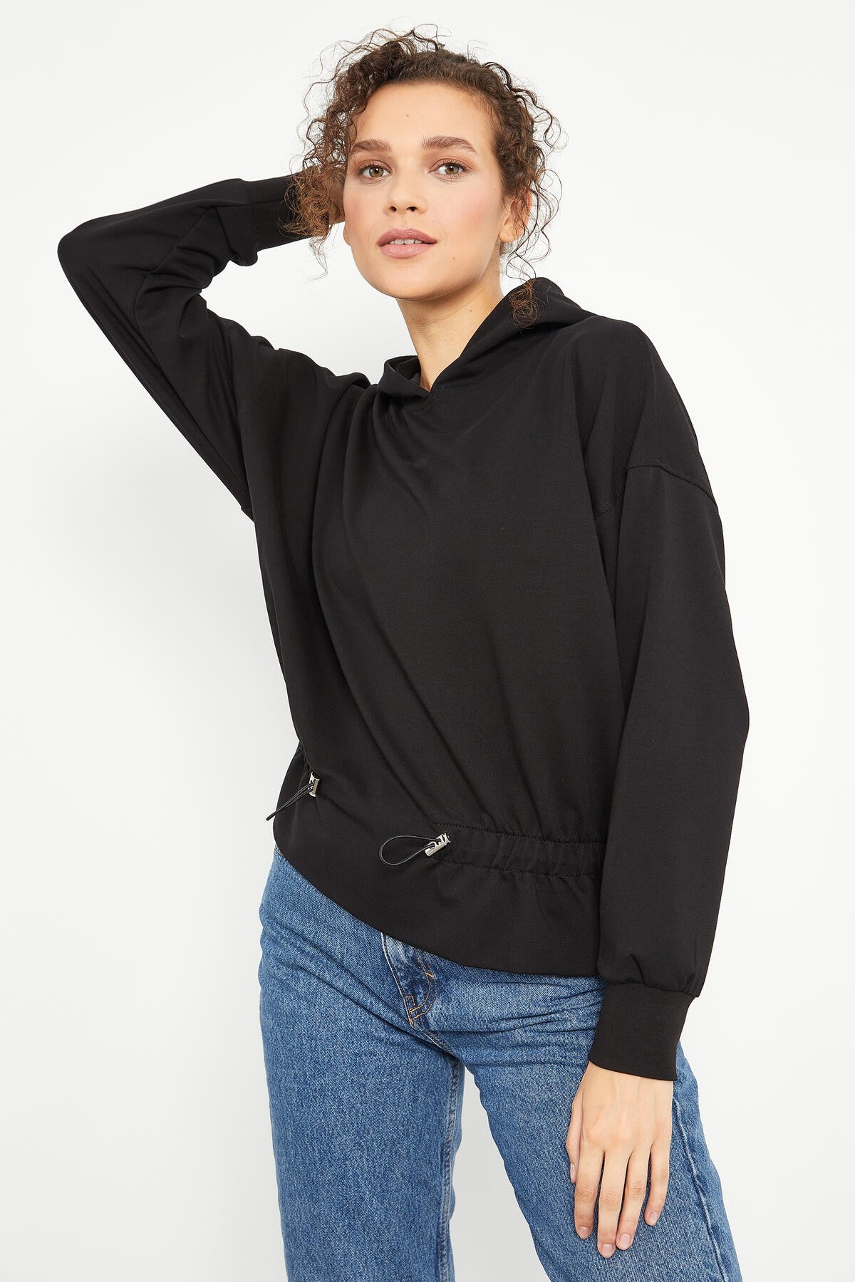 Black Belted Pleated Hooded Women's Oversize Sweatshirt - 97159