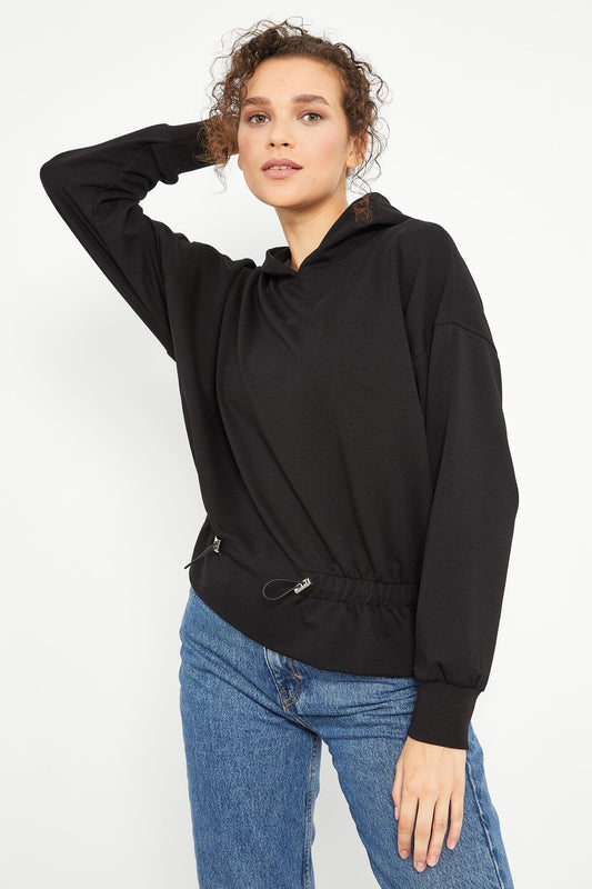 Black Belted Pleated Hooded Women's Oversize Sweatshirt - 97159