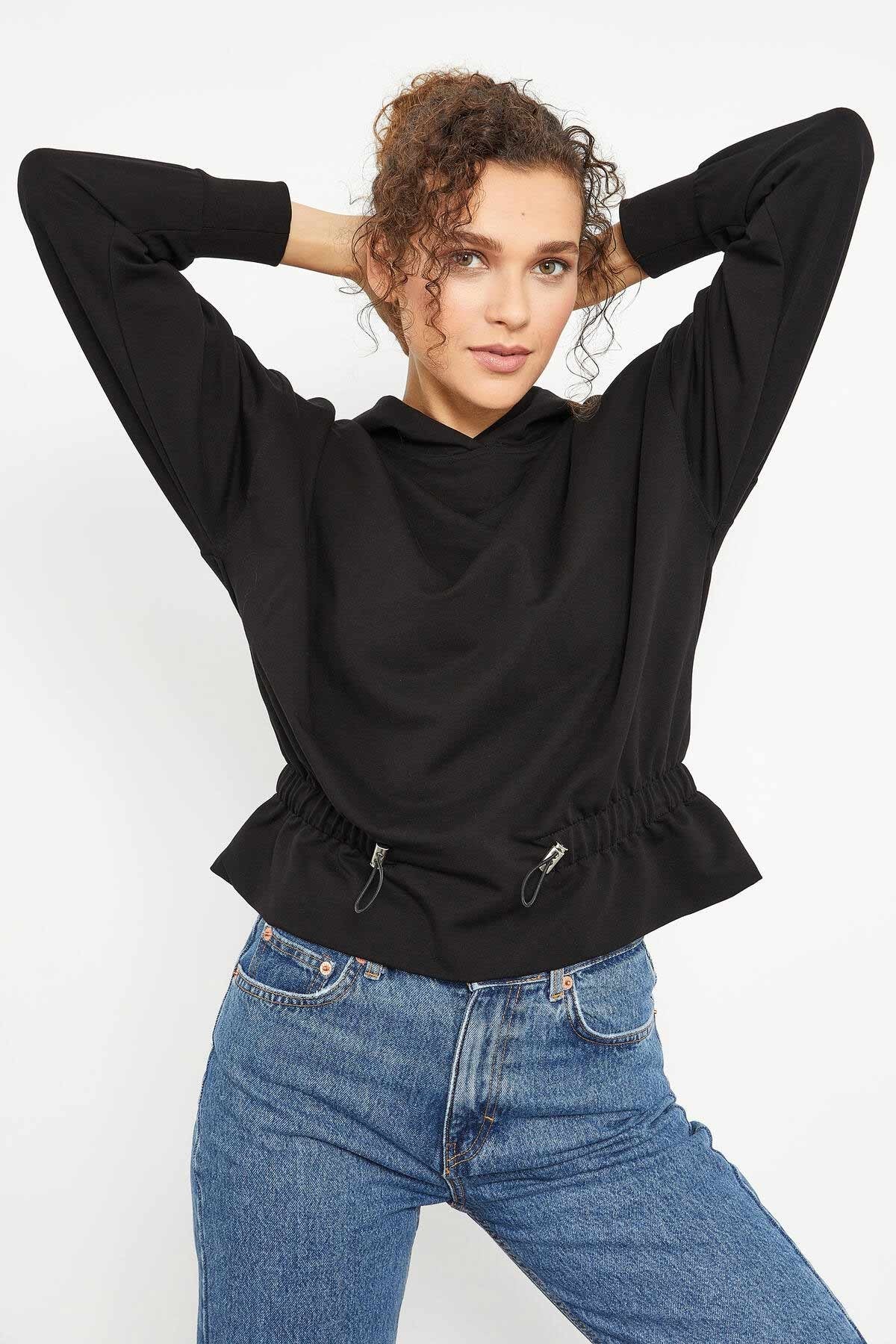 Black Belted Pleated Hooded Women's Oversize Sweatshirt - 97159
