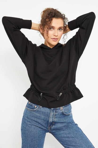 Black Belted Pleated Hooded Women's Oversize Sweatshirt - 97159