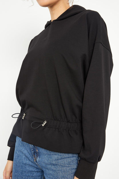 Black Belted Pleated Hooded Women's Oversize Sweatshirt - 97159