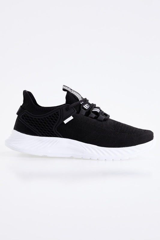 Black - White Laced Detailed High Sole Men's Sports Shoes - 89100