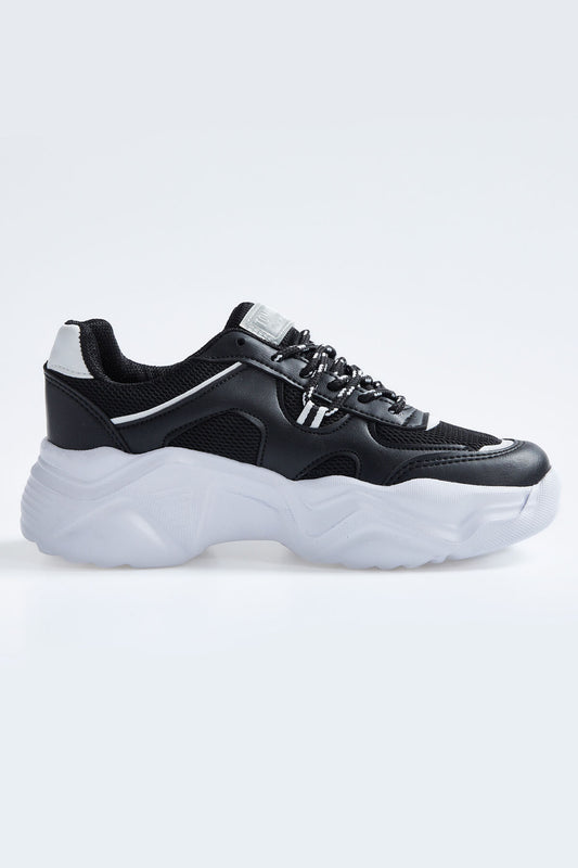 Black - White Laced High Sole File Detailed Women's Sports Shoes - 89201