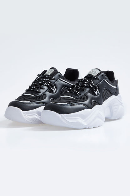 Black - White Laced High Sole File Detailed Women's Sports Shoes - 89201