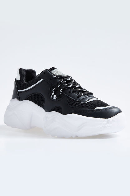 Black - White Laced High Sole File Detailed Women's Sports Shoes - 89201