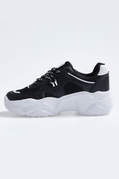 Black - White Laced High Sole File Detailed Women's Sports Shoes - 89201