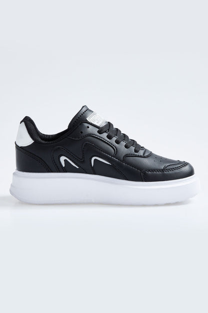 Black - White Laced High Sole PU Leather Women's Sports Shoes - 89200