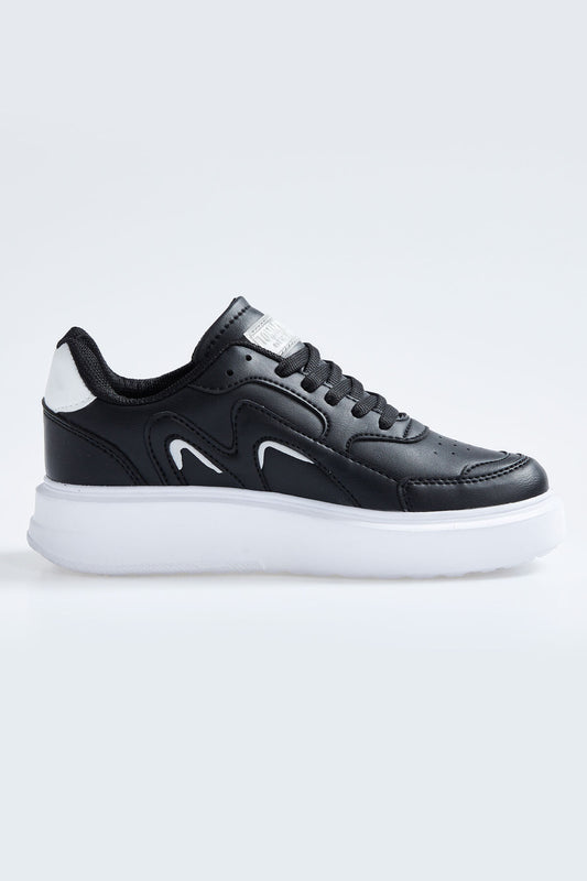 Black - White Laced High Sole PU Leather Women's Sports Shoes - 89200