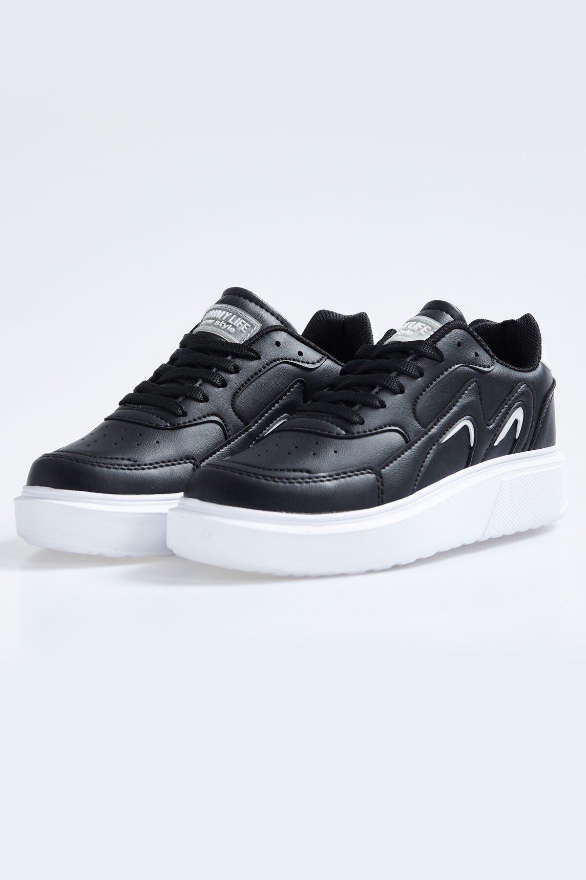 Black - White Laced High Sole PU Leather Women's Sports Shoes - 89200