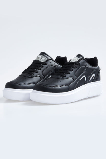 Black - White Laced High Sole PU Leather Women's Sports Shoes - 89200