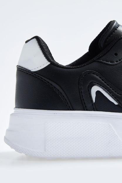 Black - White Laced High Sole PU Leather Women's Sports Shoes - 89200