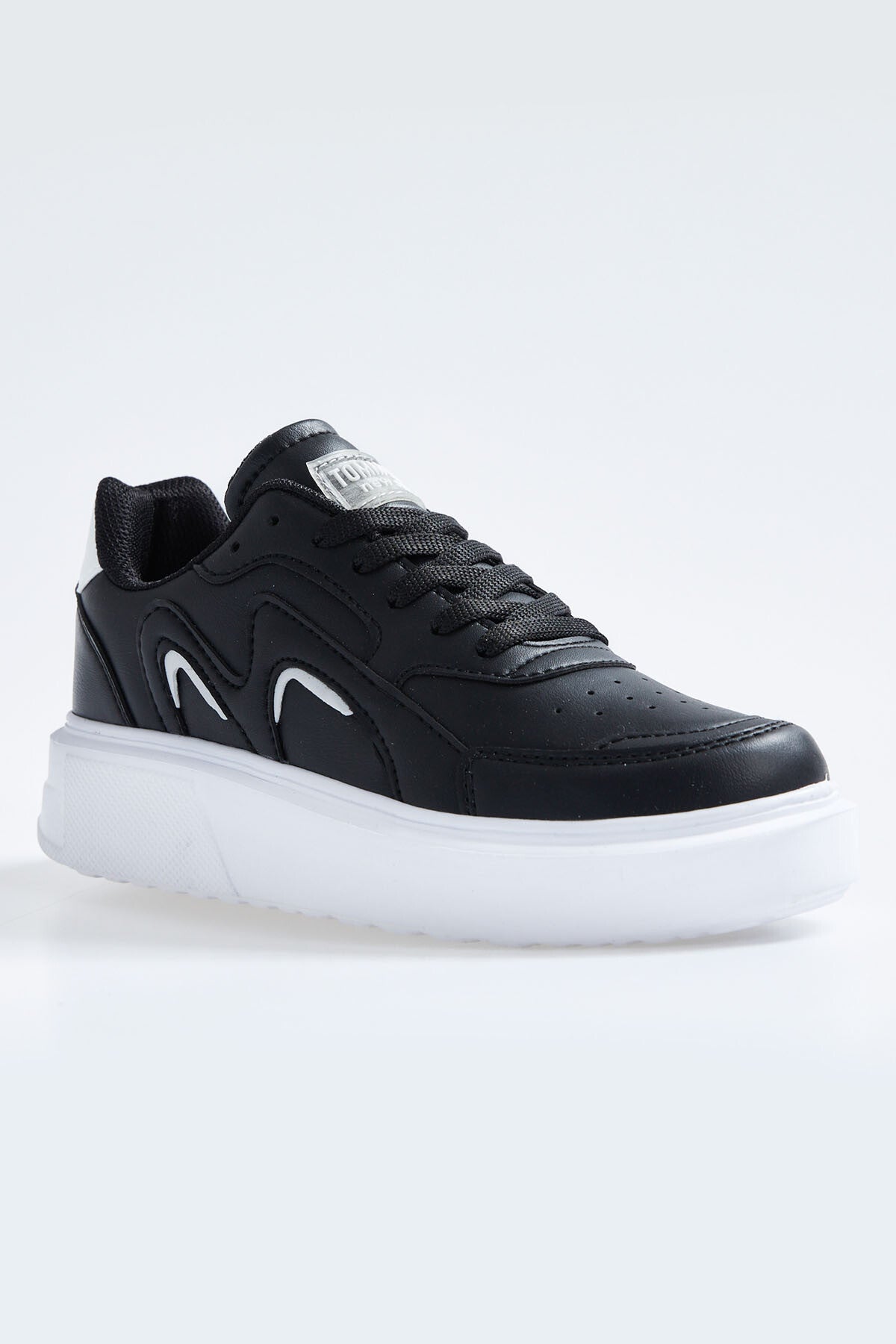 Black - White Laced High Sole PU Leather Women's Sports Shoes - 89200