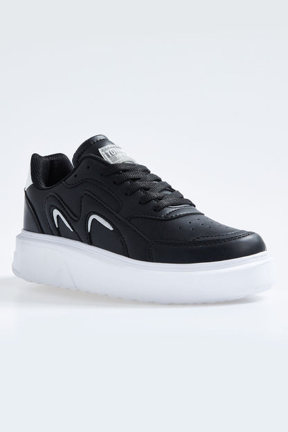 Black - White Laced High Sole PU Leather Women's Sports Shoes - 89200