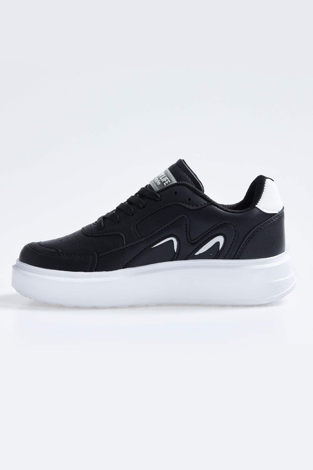 Black - White Laced High Sole PU Leather Women's Sports Shoes - 89200
