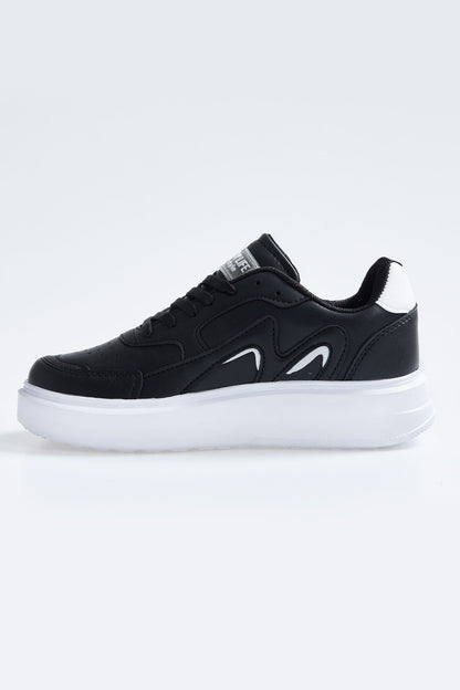 Black - White Laced High Sole PU Leather Women's Sports Shoes - 89200
