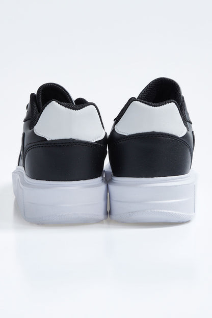 Black - White Laced High Sole PU Leather Women's Sports Shoes - 89200