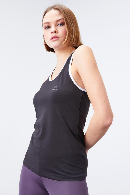 Black and White Cross Strap Sleeveless Standard Fit Women's Sports Singlet - 97094