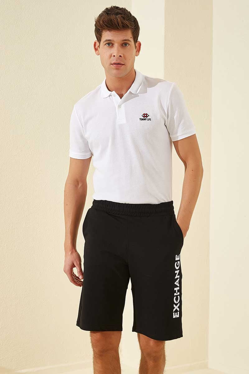 Black - White Print Standard Fit Men's Shorts - 81142