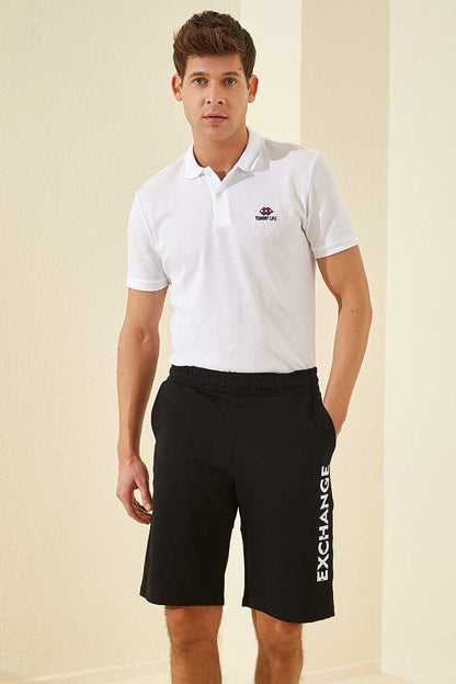 Black - White Print Standard Fit Men's Shorts - 81142