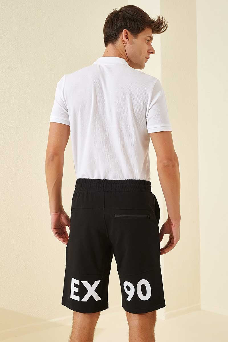 Black - White Print Standard Fit Men's Shorts - 81142