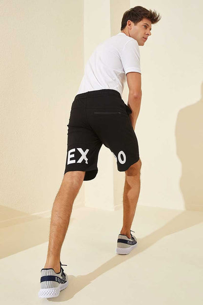 Black - White Print Standard Fit Men's Shorts - 81142