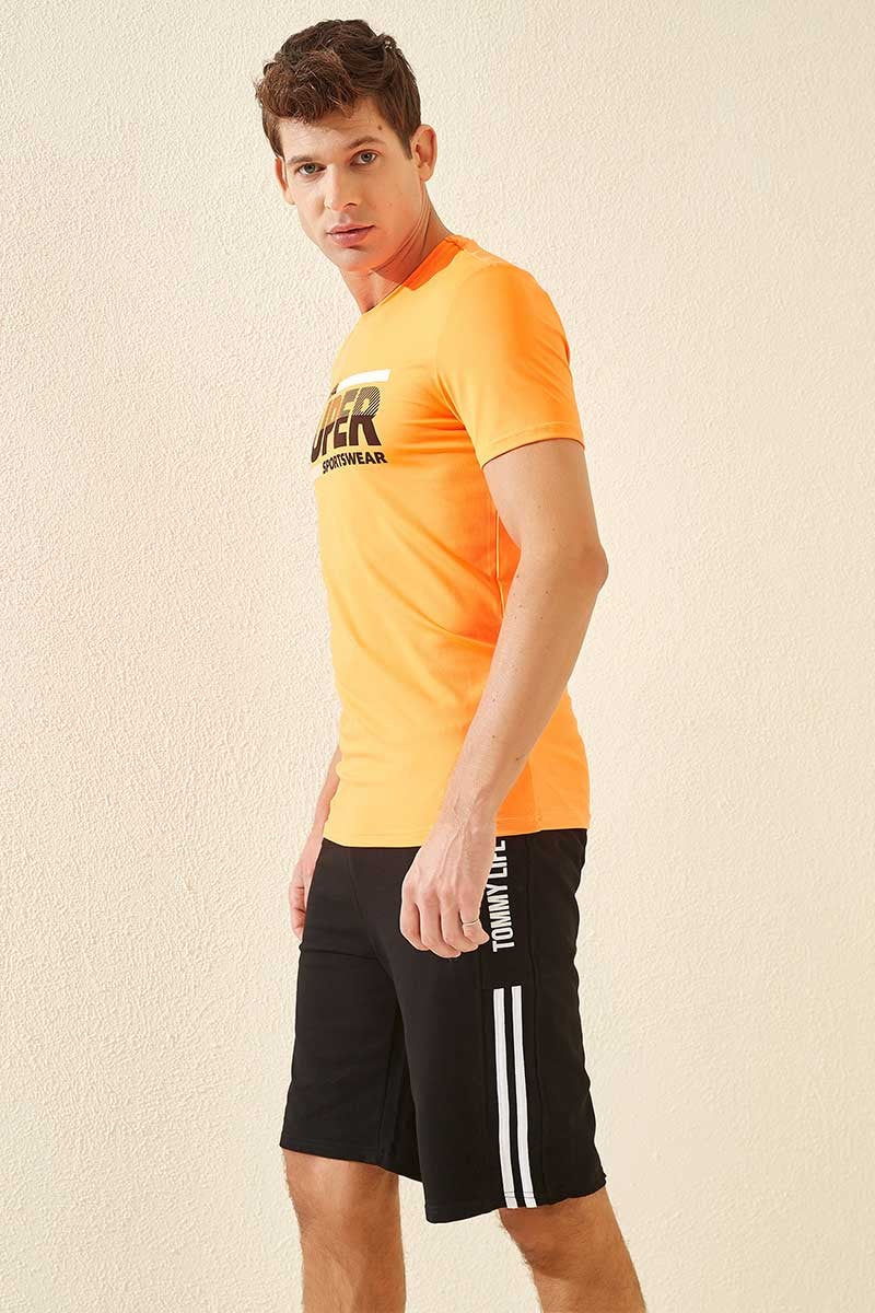 Black - White Side Striped Print Standard Fit Men's Shorts - 81145