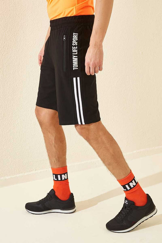 Black - White Side Striped Print Standard Fit Men's Shorts - 81145