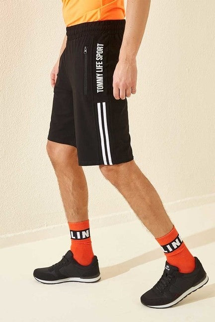 Black - White Side Striped Print Standard Fit Men's Shorts - 81145