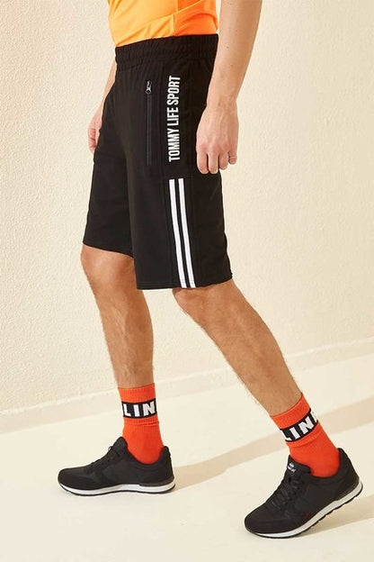 Black - White Side Striped Print Standard Fit Men's Shorts - 81145