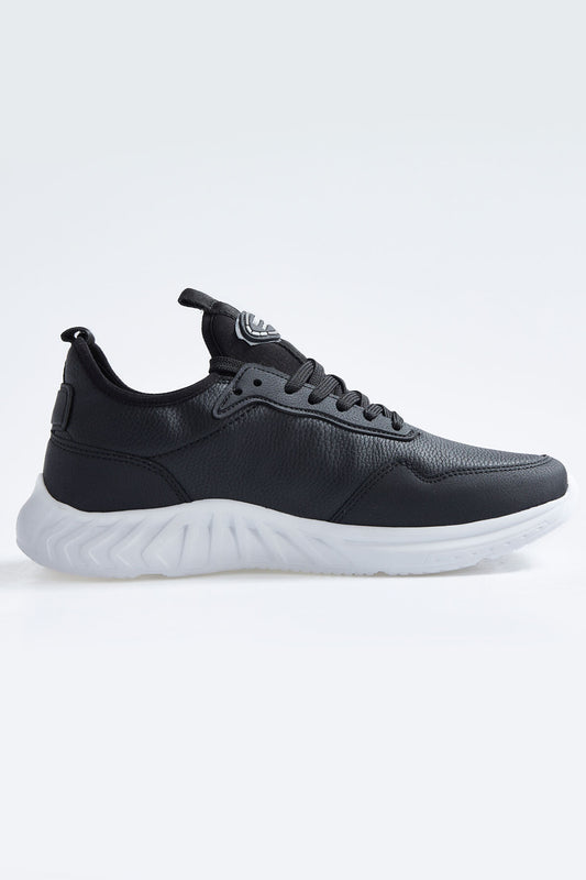 Black - White High Sole Laced PU Leather Men's Sports Shoes - 89115