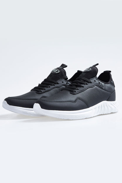 Black - White High Sole Laced PU Leather Men's Sports Shoes - 89115