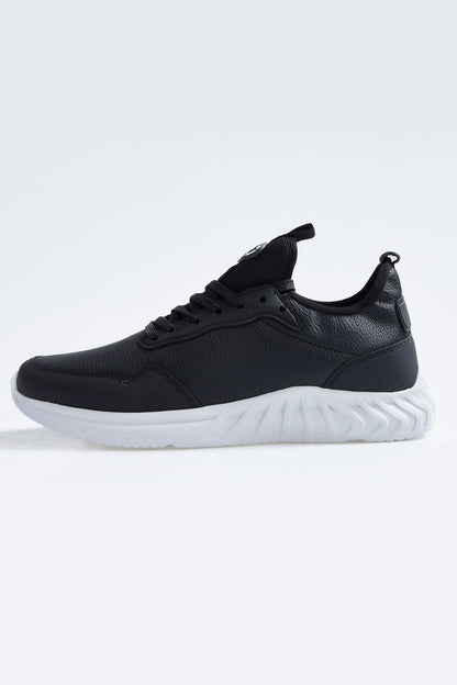 Black - White High Sole Laced PU Leather Men's Sports Shoes - 89115