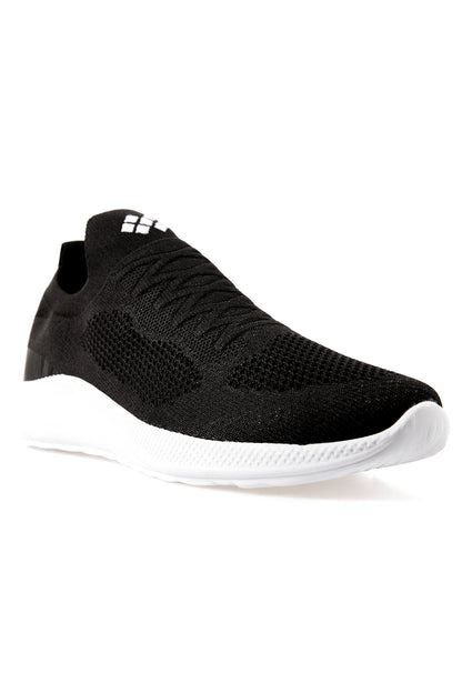 Black - White High Sole Ribbed Laceless Light Flexible Men's Sports Shoes - 89120