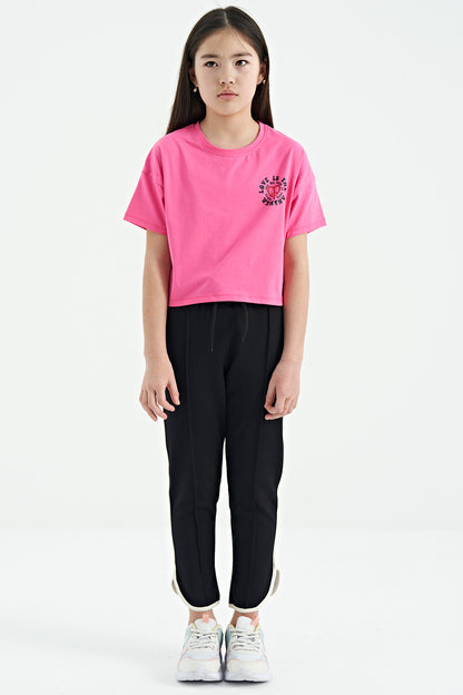 Black Biye Detailed Laced Front Panel Wide-Legged Girls' Tracksuit Bottom - 75124