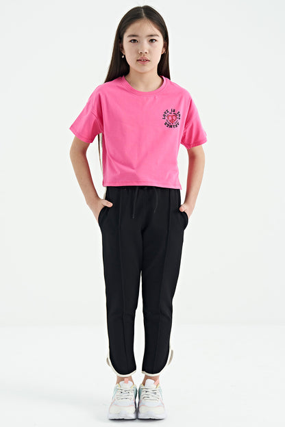 Black Biye Detailed Laced Front Panel Wide-Legged Girls' Tracksuit Bottom - 75124