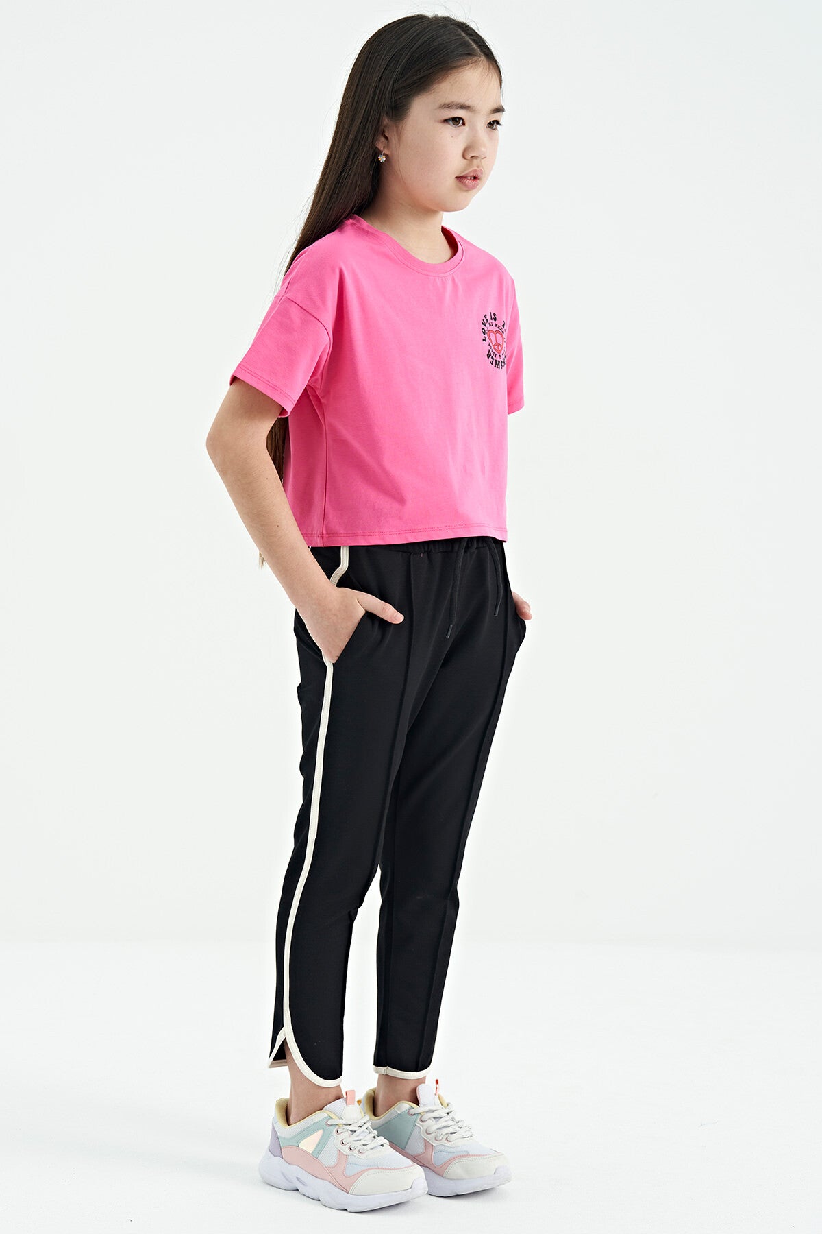 Black Biye Detailed Laced Front Panel Wide-Legged Girls' Tracksuit Bottom - 75124