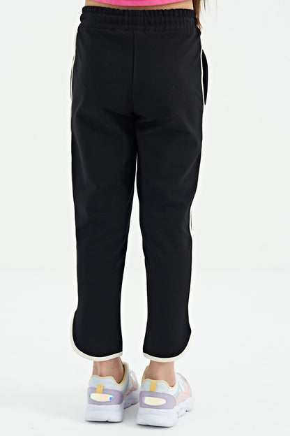 Black Biye Detailed Laced Front Panel Wide-Legged Girls' Tracksuit Bottom - 75124