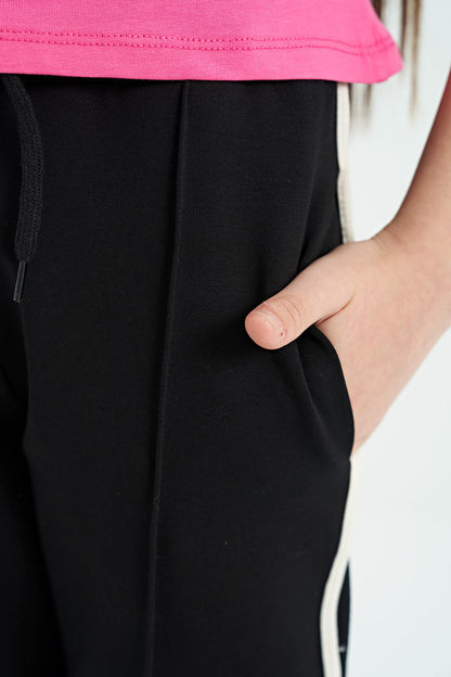 Black Biye Detailed Laced Front Panel Wide-Legged Girls' Tracksuit Bottom - 75124