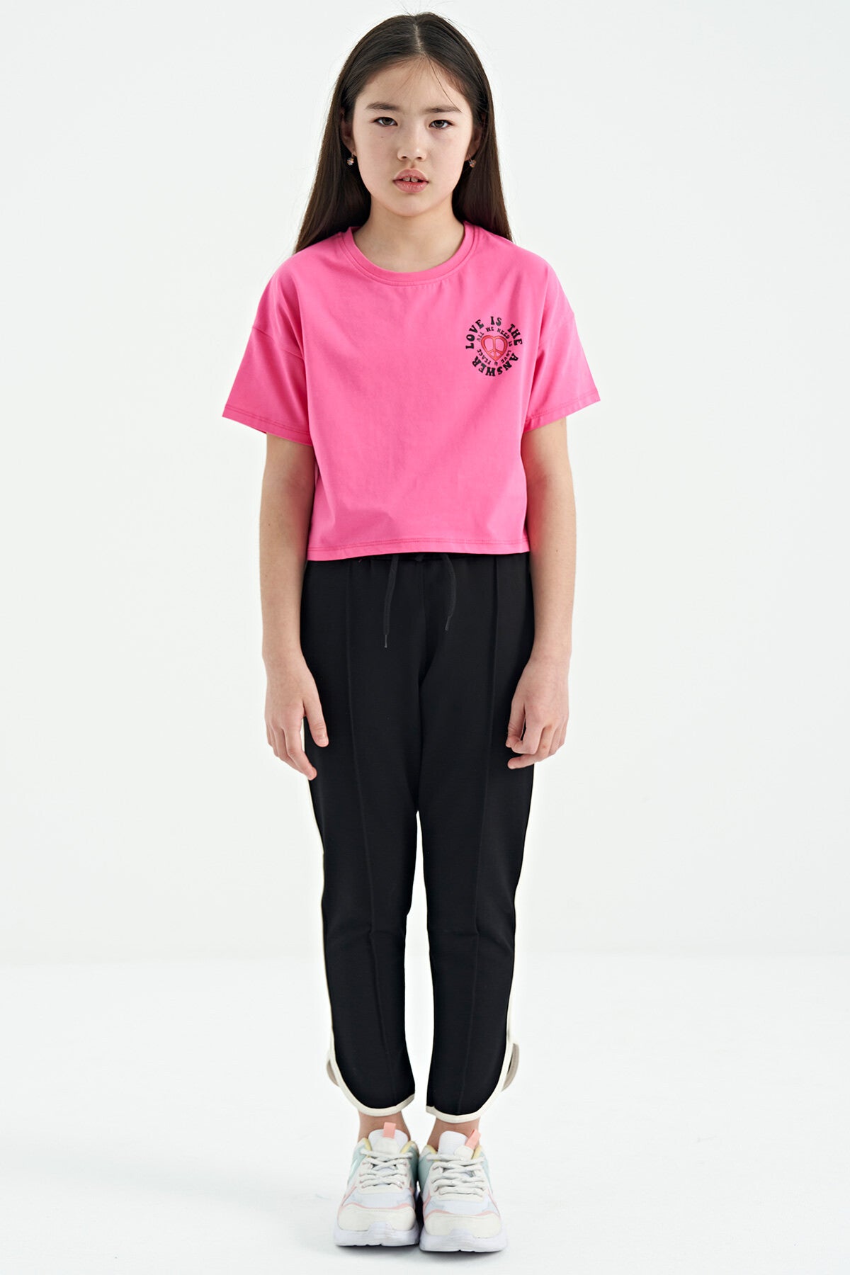 Black Biye Detailed Laced Front Panel Wide-Legged Girls' Tracksuit Bottom - 75124