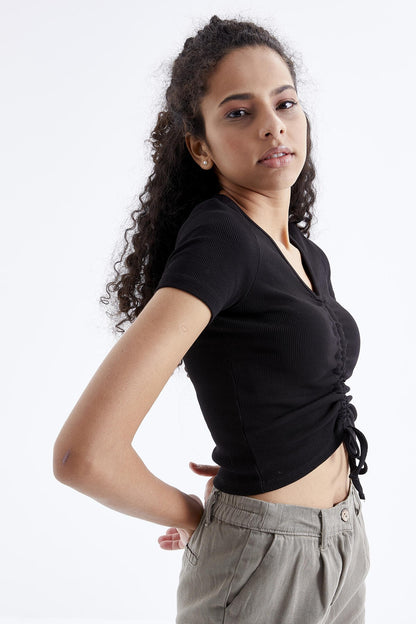Black Ruffled Detailed V-Neck Women's Crop Top T-Shirt - 97205