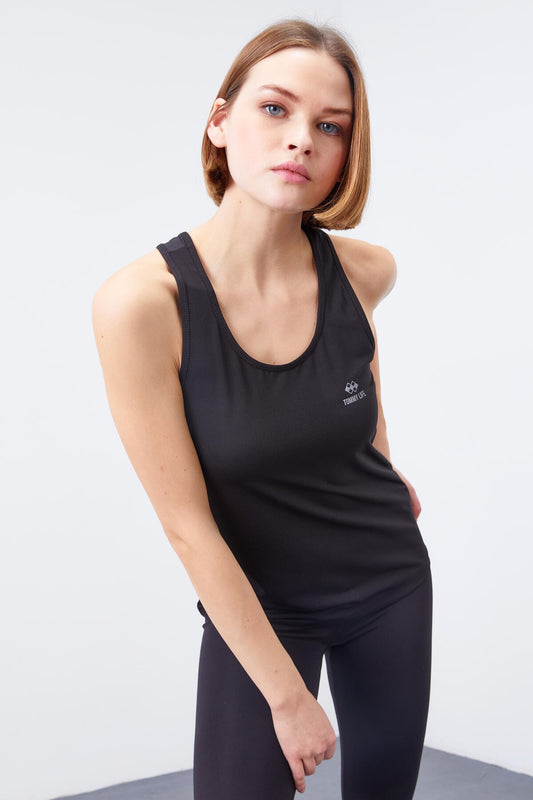 Black Cross Strap Sleeveless Standard Fit Women's Sports Singlet - 97094