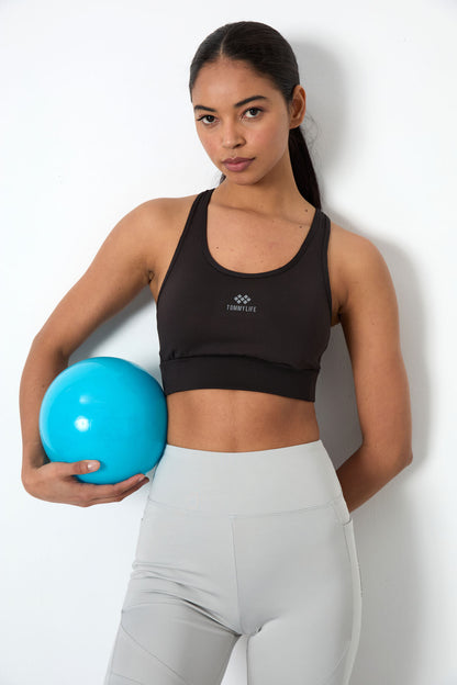 Black Cross Back Detailed Slim Fit U Collar Padded Women's Sports Bra - 97121