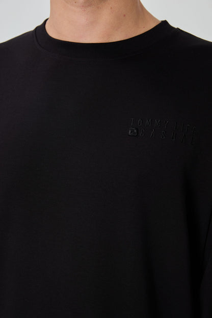 Black Casual O Neck Elastic Cuffed Cotton Men's Oversize Tracksuit Set - 85120